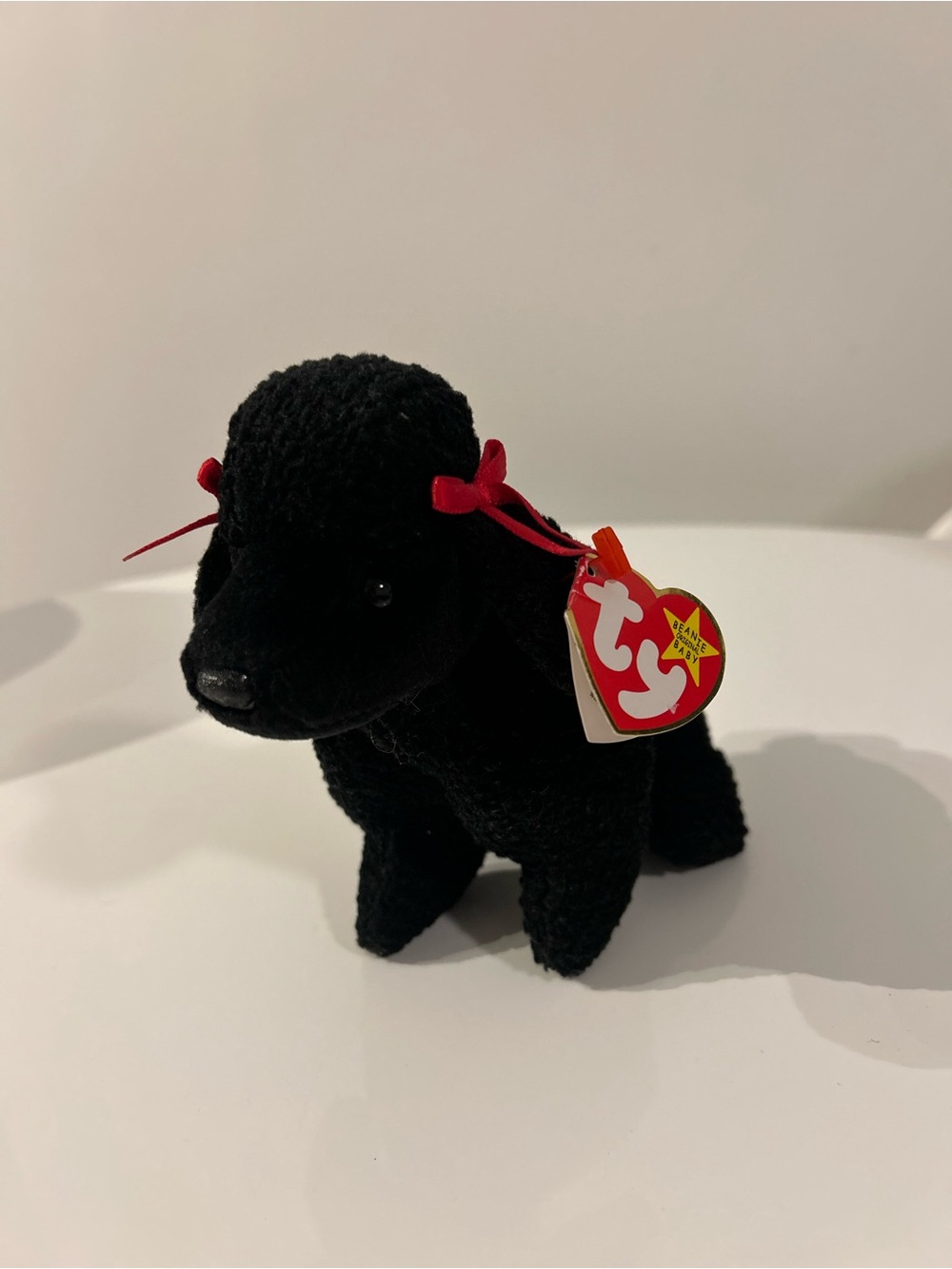 Ty Black Poodle Plush with Red Ribbon